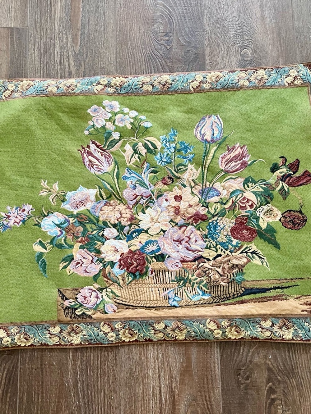 Handwoven Floral Basket Tapestry Wall Art - Green 26/35 inches